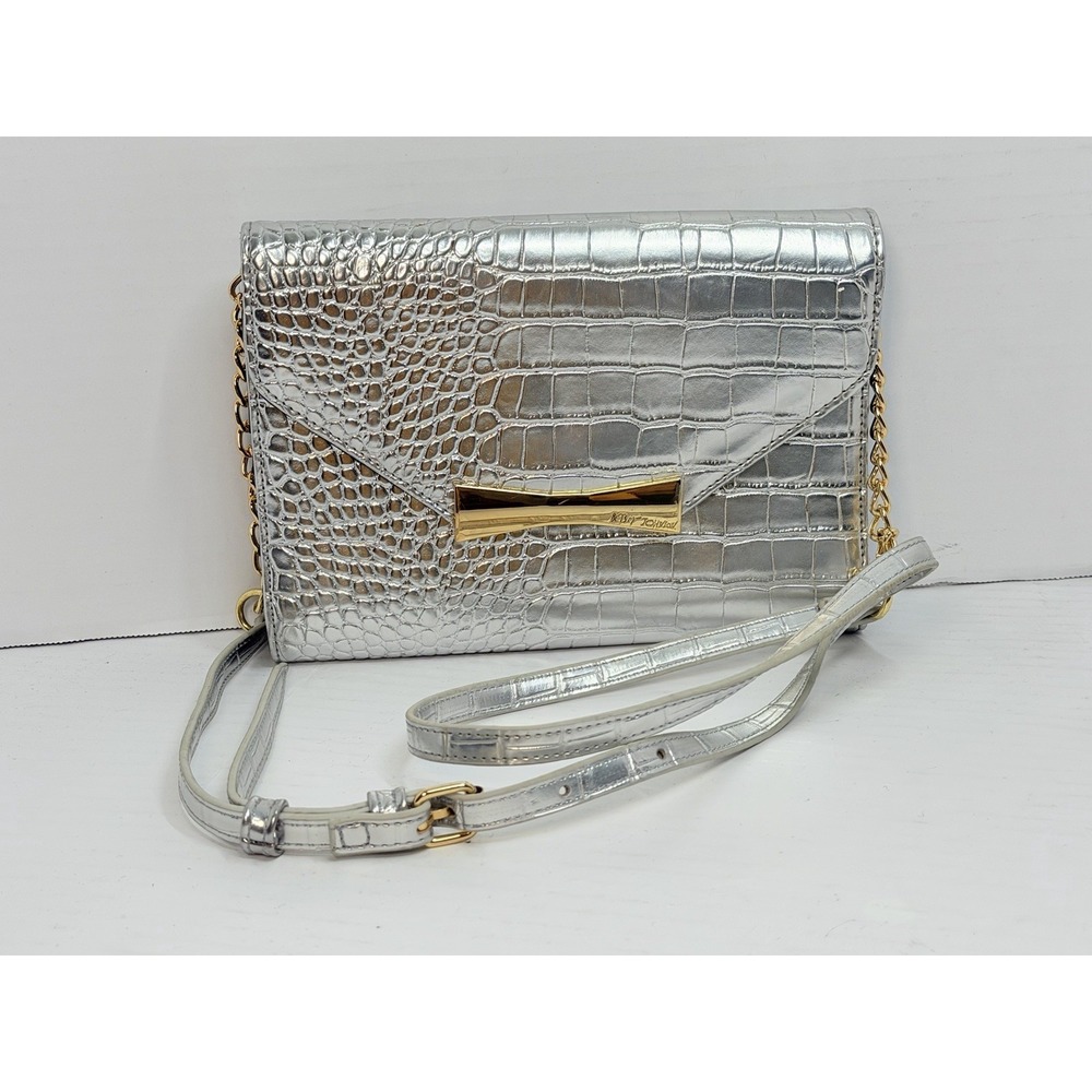 Betsey Johnson Silver Croc Embossed Envelope Wallet Crossbody Clutch Purse